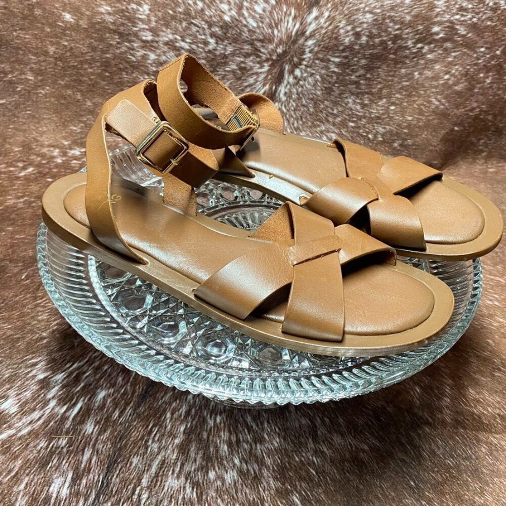 Mango MNG Crossover Strappy Flat Sandals Tan Brown Ankle Buckle Womens EU 38